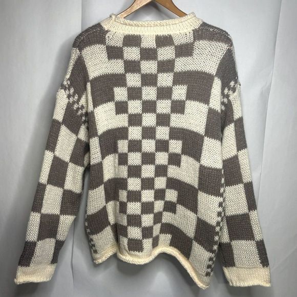 NWT Bibi Mixed Checkered Chunky Knitted Sweater Comfy Mocha Brown Beige Womens - Picture 4 of 8